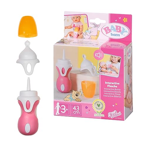 BABY Born 832493 Interact Flasche&Löffel-Interaktive Puppenflasche in pink und weiß mit Sound-Funktion, 2 wechselbare Aufsätze-verwendbar als Flasche und Löffel, Mehrfarbig, 43cm von BABY Born