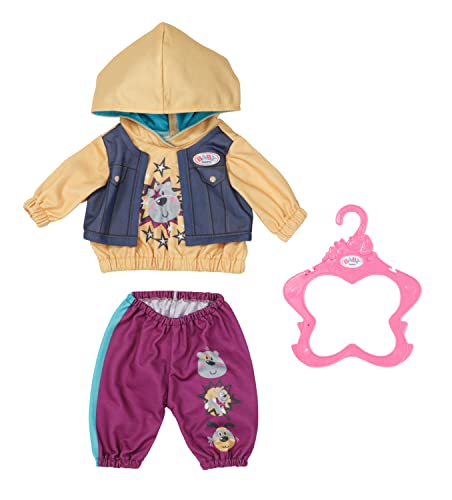 BABY born 832615 Outfit mit Hoody 43cm - Puppenkleidung Set bestehend aus Hose, Pullover und Kleiderbügel in lila gelb von Zapf Creation