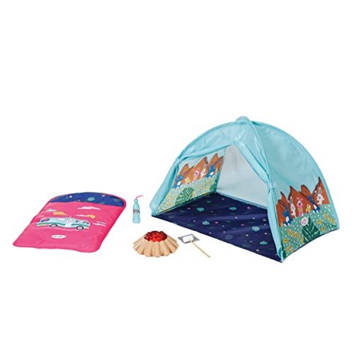 Baby Born Creation 832783 Baby Born Weekend Camping Set - Puppenzubehör Set, Puppenzelt mit Schlafsack, Lagerfeuer mit Lichtfunktion, Marshmallow-Stick und Limoflasche. von BABY Born