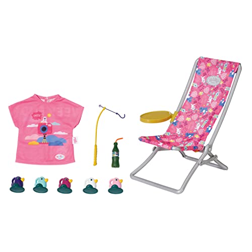 BABY born 832790 Weekend Fischen - Puppenzubehör Angel-Set mit bunt bedruckten Liegestuhl mit Ablagetischchen, Flasche, Korb, Enten und Angel sowie pinkem Longshirt, Pink von BABY Born