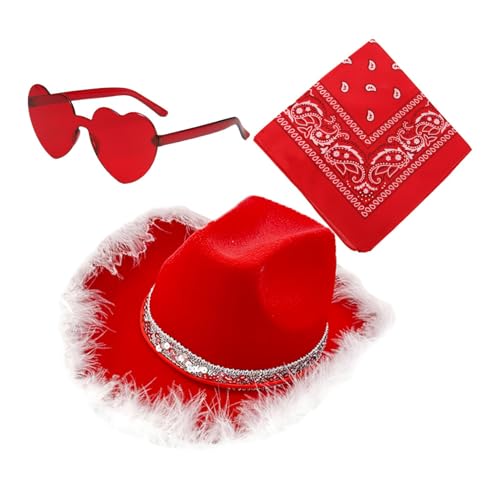 Zasdvn Weihnachten Cowboyhut, Westernhut Cowboyhut, 3X Weihnachten Party Hut mit Bandana & Herz Brille, Cowgirl Hut für Party Urlaub Cosplay von Zasdvn