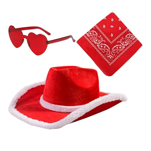 Zasdvn Weihnachtsmann-Cowboyhüte Set, Cosplay Westernhut Party Kopfbedeckung, 3X Cowgirl Hut Vintage Bandana Herz Brille Einstellbare Weihnachten Party Hut Western Kostüm Zubehör von Zasdvn