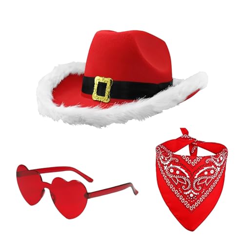 Zasdvn Weihnachtsmann-Cowboyhüte Set – Westernhut Party Kopfbedeckung – 3 x Herz-Brille Weihnachten Party Hut Cowgirl Hut breite Krempe Hut Western Kostüm Zubehör von Zasdvn