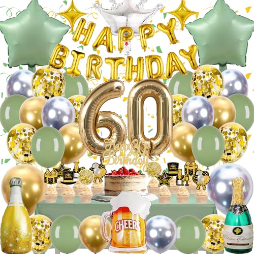 60 Geburtstag Deko Luftballons Frau,Grün Gold Deko 60 Geburtstag Mann Mit Riesigen Zahlen 60 Folienballon, Gold Konfetti Luftballons, Tortendeko, Happy Birthday Banner für Geburtstag 60 Jubiläum Party von Zaztytoy