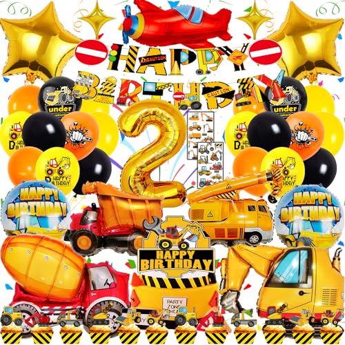 Bagger Geburtstag Deko 2 Jahre für Jungen – 48-Teiliges Baustelle Partyzubehör mit XXL Folienballons, Kuchendeko & Tattoo-Aufklebern – Perfekt für 2. Geburtstag & Baustellen-Themenparty von Zaztytoy