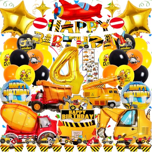 Bagger Geburtstag Deko 4 Jahre Junge, Bagger Deko Kindergeburtstag 4, 48 PCS Baustellen Party Dekoration, XXL Baustelle Luftballons Geburtstag, Bagger Kuchendeko und Exquisit Happy Birthday Banner von Zaztytoy