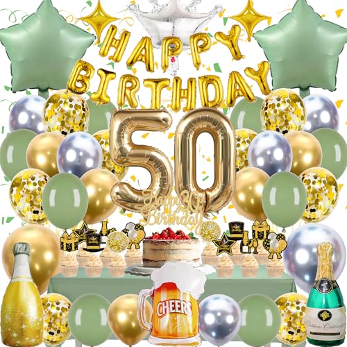 Deko 50 geburtstag Mann Frau,Gold Luftballon 50 Geburtstag deko Frauen Mann Mit Riesigen Zahlen Folienballon, Gold Konfetti Luftballons,Happy Birthday Banner für Geburtstag 50 Frau Jubiläum Party Deko von Zaztytoy