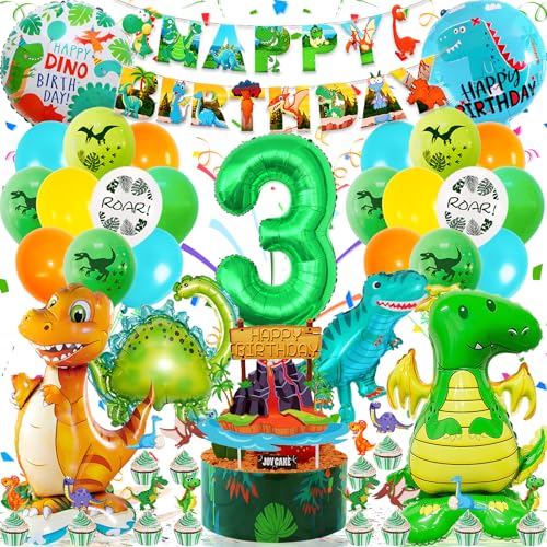 Dino Geburtstag Deko Set, Dinosaurier Geburtstagsdeko 3 jahre Junge mit 3D XXL Dino Luftballon, Happy Birthday Girlande, Dino Party Folienballon Grün Dschungel Deko für Dino Deko Kindergeburtstag von Zaztytoy