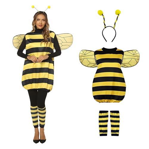 Zaztytoy Bienen Kostüm Damen Cosplay-Set für Erwachsene & Damen - inkl. Bienenkleid, Stirnband, Bienen Flügeln & Overknee-Socken – Perfekt für Karneval, Maskeraden und Mottopartys(Schwarz-Gelb) von Zaztytoy