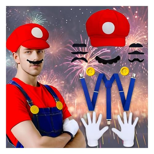 Zaztytoy Mario und Luigi Kostüm Damen Herren, Super Bros Cosplay Kostüme für Erwachsene, Super Klempner Overall mit Mütze, Handschuhe, Bart, Gelbe, Knöpfe für Karneval und Maskeraden (Rot) von Zaztytoy