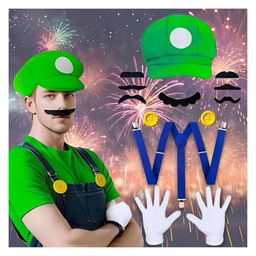 Zaztytoy Mario und Luigi Kostüm Damen Herren, Super Bros Cosplay Kostüme für Erwachsene, Super Klempner Overall mit Mütze, Handschuhe, Bart, Gelbe, Knöpfe für Karneval und Maskeraden (Grün) von Zaztytoy