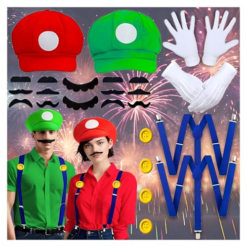 Zaztytoy Mario und Luigi Kostüm Damen Herren, Super Bros Cosplay Kostüme für Erwachsene, Super Klempner Overall mit Rot Grün Mütze, Handschuhe, Bart, Gelbe, Knöpfe für Karneval und Maskeraden von Zaztytoy