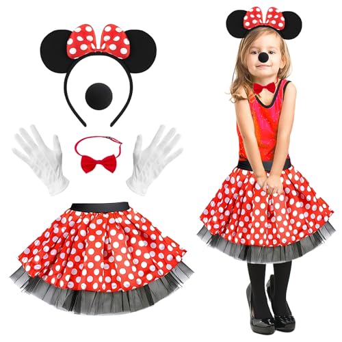 Zaztytoy Maus Mouse Kostüm Set für Kinder – Kinderkostüme Mäuschen Rotes Tutu, Fliege, weißen Handschuhen, Nase, Haarreif mit Ohren für Halloween, Fasching, Karneval Cosplay Party, Rot von Zaztytoy