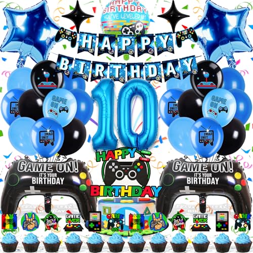 Zaztytoy Videospiel Geburtstag Deko 10 Jahre für Jungen - 44-Teilige Geburtstagsparty Ballon Set in Blau und Schwarz, Hochwertig & Umweltfreundlich, Einfach zu Montieren von Zaztytoy