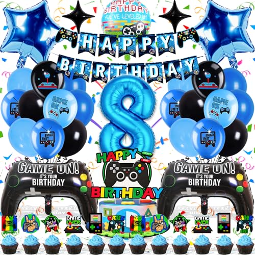 Zaztytoy Videospiel Geburtstag Deko 8 Jahre für Jungen - 43-Teilige Geburtstagsparty Ballon Set in Blau und Schwarz, Hochwertig & Umweltfreundlich, Einfach zu Montieren von Zaztytoy