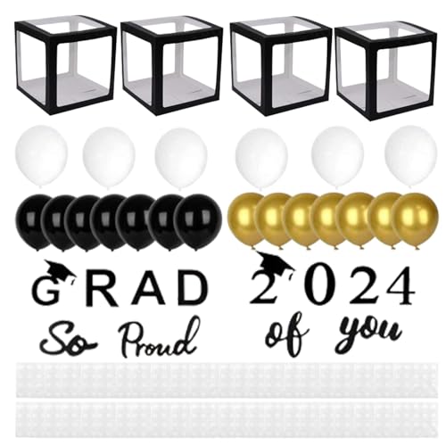 Zceplem 2024 Abschluss-Ballonboxen,2024 Abschluss-Dekor-Ballonboxen - Schwarze Ballonboxen für die Abschlussfeier | Dekorationen für die Abschlussfeier mit Buchstaben „2024 Grad & So Proud of You“ und von Zceplem