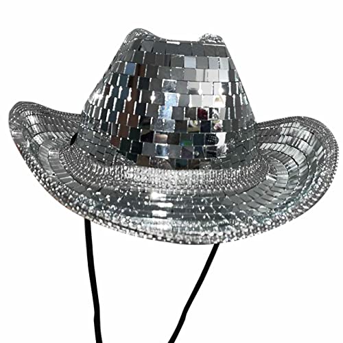 Zceplem Disco-Kugel-Cowboy-Hut | Disco-Cowboy-Hut | Handgefertigter silberner Cowboyhut | Cowgirl-Hüte, Blinkender Partyhut mit verspiegelten Glas-Juwelen, Netz-Akzenten für Damen und Herren von Zceplem