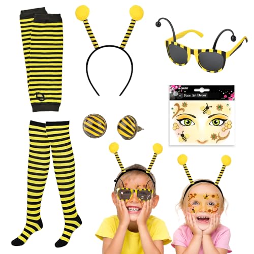 6 Stück Bienen Kostüm Bienenkostüm Bienenkostüm Erwachsene Biene Kostüm Accessoire Set Bienen Kostüm Damen Gesichtstattoo Bienen Haarreif Handschuhe Face Art Sticker für Karneval Halloween Cosplay von Zdhsufnvw