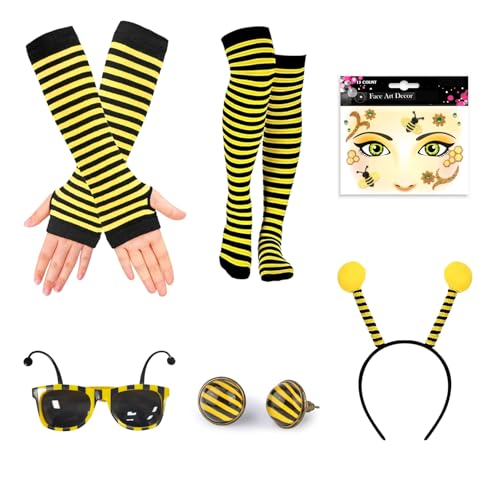 6 Stück Bienen Kostüm Bienenkostüm Bienenkostüm Erwachsene Biene Kostüm Accessoire Set Bienen Kostüm Damen Gesichtstattoo Bienen Haarreif Handschuhe Face Art Sticker für Karneval Halloween Cosplay von Zdhsufnvw