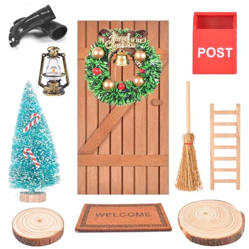 Wichteltür Weihnachten Set, 12 Pcs Weihnachtswichtel Zubehör, Puppenhaus Zubehör Weihnachten, Elfentür aus Holz Weihnachtsbaum Dekokranz Holzleiter Wichtelbesen Stiefel Laterne Feentür Ornament von ZeYou