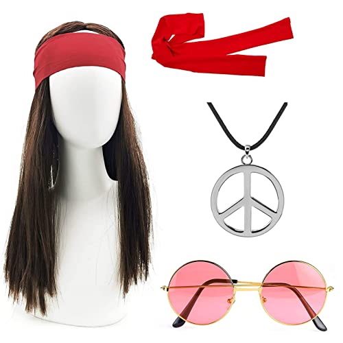 ZeYou 70er Kostüme 4tgl. Hippie Perücke Brille Peace Halskette Stirnband - Herren Damen 70er Jahre Bekleidung Karneval Fasching Fastnacht von ZeYou