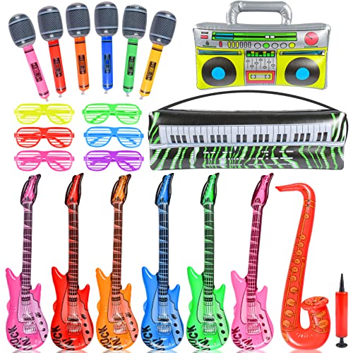 ZeYou Aufblasbare Musikinstrumente 22 Stück,Inflatable Balloon Musical Instrument,Aufblasbare Gitarre Radio Klavier Saxophon Mikrofone Shutter Brille Party Requisiten für Pool Disco Party von ZeYou