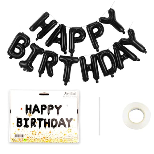 Happy Birthday Banner Ballon, 16 Zoll Schwarz Selbstaufblasend Happy Birthday, Wiederverwendbare Happy Birthday Buchstabenballons, Folienballons mit Band für Männer Frauen Geburtstag Party von Zeaicos