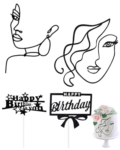 Zeayebsr 2pcs Torten Deko Lady Face Acryl Cake Topper Schwarz Kuchen Dekoration Geburtstag Kuchendeko Tortenaufsatz Set Jubiläum Muttertag Party ，Kommt mit 20 Stück Glückwunschkarten zum Geburtstag von Zeayebsr