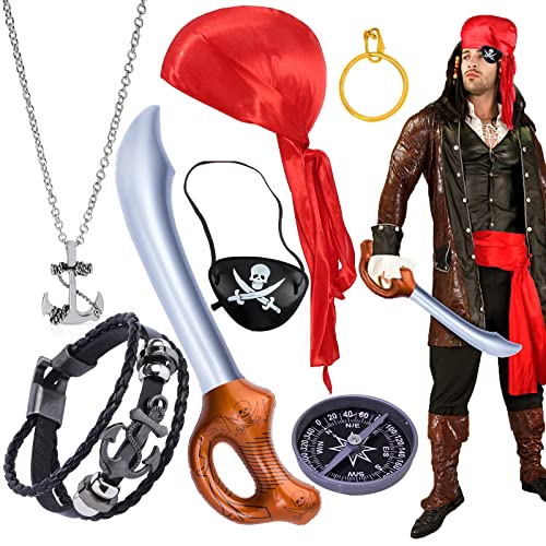 7 Stück Piratenkostüm Set, Piraten Kostüm Zubehör, Piratenschwert Aufblasbar, Augenklappe Pirat, Piraten Kopftuch Rot, Piratenschmuck Piraten Party Piratenkapitän Zubehör für Herren Damen Kinder von Zeaying