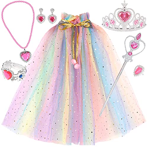 8 Stück Kostüm Prinzessin, Cape Prinzessinnen Kostüm, Prinzessin Kostüm Umhang Mädchen, Krone Kinder Prinzessin, Kostüme Mädchen Prinzessin, Prinzessin Spielzeug Set für Geburtstag Karneval Party von Zeaying