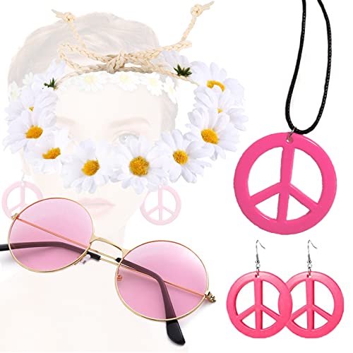 Zeaying 5 Stück 60er 70er Kostüm Zubehör, Hippie Kostüm Set, Retro Vintage Brille Friedenszeichen Halskette Sonnenblume Krone Haarband, Hippie-Party-Zubehör, Hippie Accessoires für Damen und Herren von Zeaying