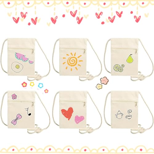 Zeaying 6 Stück Stoffbeutel Zum Bemalen für Kinder, 17×13cm Kinder Umhängegeldbeutel, Brustbeutel Kinder Bemalen, DIY Beige Brustbeutel für Schule, Party, Geschenk von Zeaying