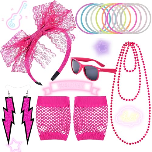 Zeaying 80er Jahre Outfit Damen Accessoires Set, Perlenkette Pink Neon, Netzhandschuhe Pink Neon, Ohrringe 80er Jahre, Faschingskostüme Damen 80iger, Mädchen Frauen Night Out Party Kostüm Zubehör von Zeaying