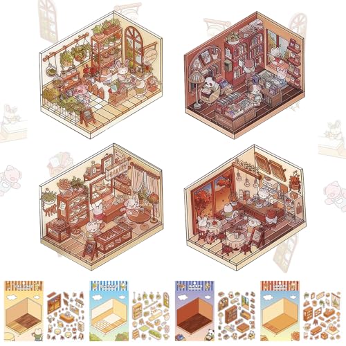 Scrapbook Stickers DIY 3d House Set, 4 Sets 3D Sticker Fotoalbum Scene, Sticker DIY 3d Scene Journaling Zubehör, DIY 3d House Sticker Aesthetic, 3d Scrapbooking Sticker, für DIY Scene Deko (A) von Zecnaud