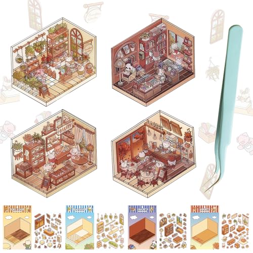 Scrapbook Stickers DIY 3d House Set, 4 Sets 3D Sticker Fotoalbum Scene, Sticker DIY 3d Scene Journaling Zubehör, DIY 3d House Sticker Aesthetic, 3d Scrapbooking Sticker, für DIY Scene Deko (AB) von Zecnaud