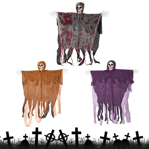 Zecnaud 3 pcs Halloween-Sensenmann zum Aufhängen, Halloween Deko Gruselig, Halloween Deko Outdoor, Halloween Deko Garten, Horror Deko für Halloween Innen- und Außen-Deko, Spukhaus Deko (1set) von Zecnaud