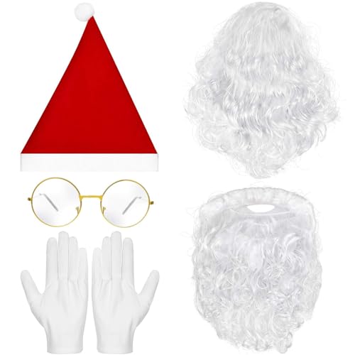 Zecouk Weihnachtsmann Bart und Perücke Mütze Brille Handschuhe Nikolaus Bart und Perücke Weihnachtsmannbart 5 Stück Santa Claus Zubehör für Weihnachten, Familientreffen, Cosplay von Zecouk