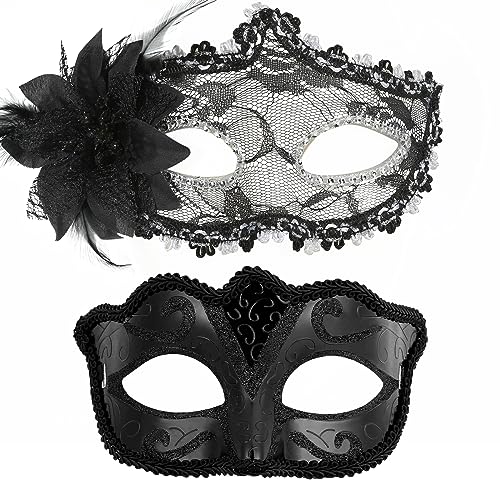 Zecouk 2 Stück Venezianische Maske Damen Herren Lace Mask Maskenball Venezianische Pärchenmasken Masken Dekoratives Strass-Feder-Spitzenmuster Geeignet für Halloween Karneval Party Kostüm (B) von Zecouk