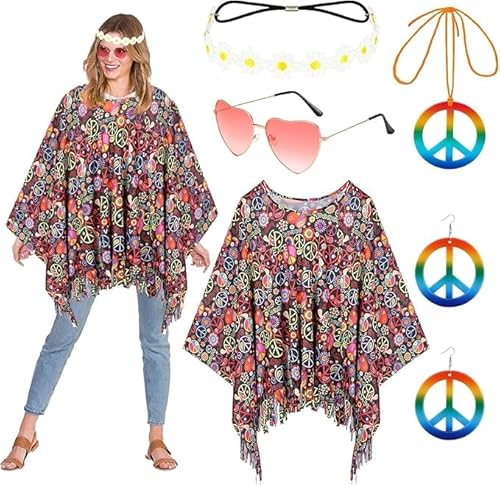 60er 70er Jahre Kostüm Damen,Damen Poncho Set mit Hippie Accessoires,Hippie Poncho Damen,60 er 70er Jahre Hippie Kleidung,Hippie Kostüm Damen Set,Hippie Damen Kleid Set für Halloween,Karneval Party von ZeiLaBang Kakadi