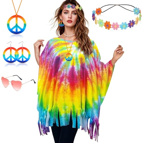 60er 70er Jahre Kostüm Damen,Damen Poncho Set mit Hippie Accessoires,Hippie Poncho Damen,60 er 70er Jahre Hippie Kleidung,Hippie Kostüm Damen Set,Hippie Damen Kleid Set für Halloween,Karneval Party von ZeiLaBang Kakadi