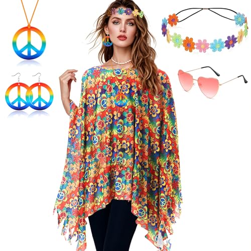 60er 70er Jahre Kostüm Damen,Damen Poncho Set mit Hippie Accessoires,Hippie Poncho Damen,60 er 70er Jahre Hippie Kleidung,Hippie Kostüm Damen Set,Hippie Damen Kleid Set für Halloween,Karneval Party von ZeiLaBang Kakadi