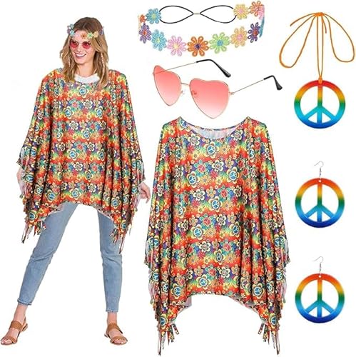 60er 70er Jahre Kostüm Damen,Damen Poncho Set mit Hippie Accessoires,Hippie Poncho Damen,60 er 70er Jahre Hippie Kleidung,Hippie Kostüm Damen Set,Hippie Damen Kleid Set für Halloween,Karneval Party von ZeiLaBang Kakadi