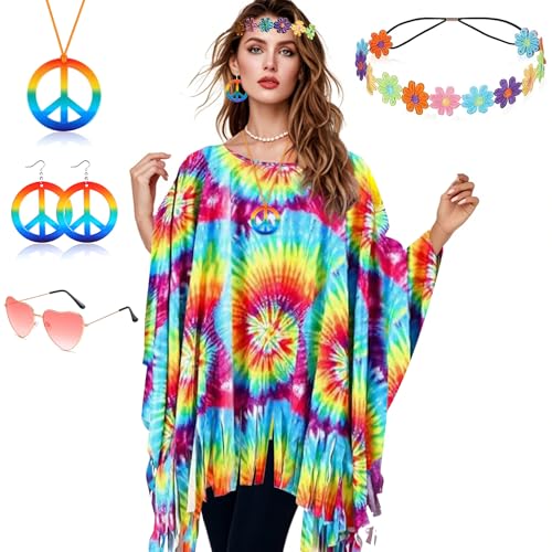 60er 70er Jahre Kostüm Damen,Damen Poncho Set mit Hippie Accessoires,Hippie Poncho Damen,60 er 70er Jahre Hippie Kleidung,Hippie Kostüm Damen Set,Hippie Damen Kleid Set für Halloween,Karneval Party von ZeiLaBang Kakadi