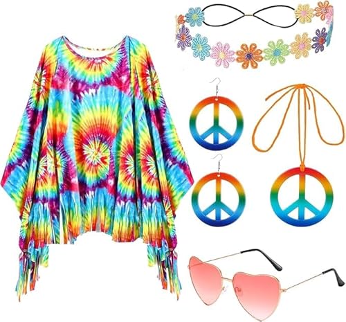 60er 70er Jahre Kostüm Damen,Damen Poncho Set mit Hippie Accessoires,Hippie Poncho Damen,60 er 70er Jahre Hippie Kleidung,Hippie Kostüm Damen Set,Hippie Damen Kleid Set für Halloween,Karneval Party von ZeiLaBang Kakadi