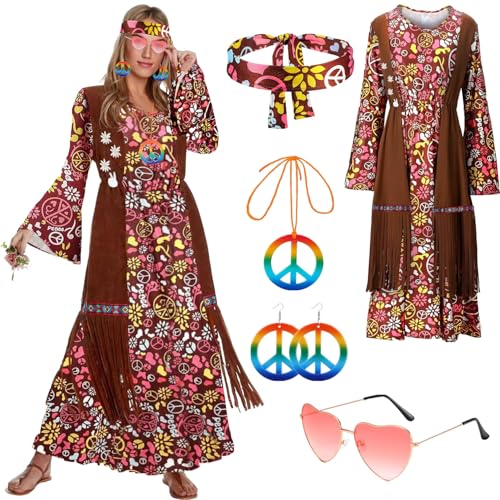 60er 70er Jahre Kostüm Damen,Hippie Kleid Kostüm für Damen,Hippie Kostüm Damen Set,Kostüm Damen Hippie Kleid,60er Jahre Bekleidung Accessoires,Hippie Damen Kleid Set,Hippie Kleidung Damen Kostüm von ZeiLaBang Kakadi