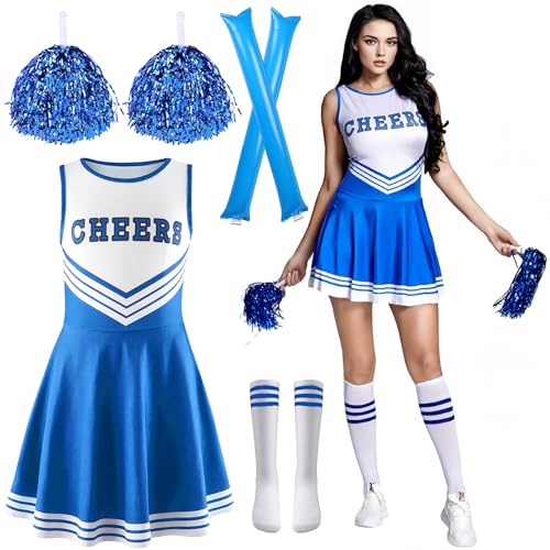 Cheerleader Kostüm Damen,Cheerleading Outfit Mädchen,Cheer Uniform Outfit Kleid mit Pompoms Socken Inflatable Stick,High School Cheerleader Kostüm,Kostüm Cheerleader für Karneval Mottoparty von ZeiLaBang Kakadi