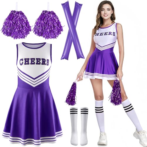 Cheerleader Kostüm Damen,Cheerleading Outfit Mädchen,Cheer Uniform Outfit Kleid mit Pompoms Socken Inflatable Stick,High School Cheerleader Kostüm,Kostüm Cheerleader für Karneval Mottoparty von ZeiLaBang Kakadi