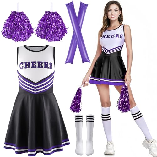 Cheerleader Kostüm Damen,Cheerleading Outfit Mädchen,Cheer Uniform Outfit Kleid mit Pompoms Socken Inflatable Stick,High School Cheerleader Kostüm,Kostüm Cheerleader für Karneval Mottoparty von ZeiLaBang Kakadi