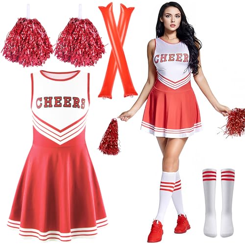 Cheerleader Kostüm Damen,Cheerleading Outfit Mädchen,Cheer Uniform Outfit Kleid mit Pompoms Socken Inflatable Stick,High School Cheerleader Kostüm,Kostüm Cheerleader für Karneval Mottoparty von ZeiLaBang Kakadi