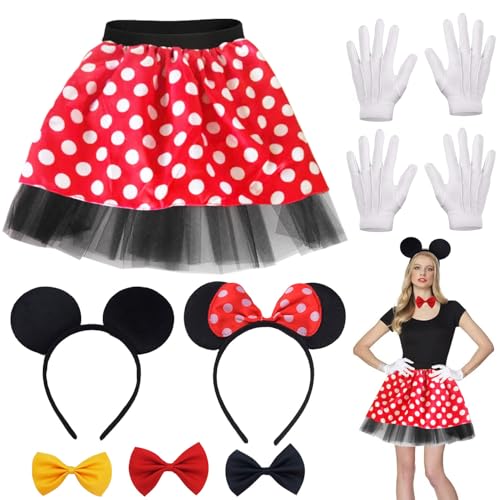 Damen Maus Mouse Kostüm,Mouse Kostüm Damen Zubehör,Mini Maus Karneval Kostüm Damen Fasching mit Rock Punkte,Maus Ohren,Handschuhe,Fliege,Karneval Fasching Mottoparty Cosplay Halloween Kostüm von ZeiLaBang Kakadi